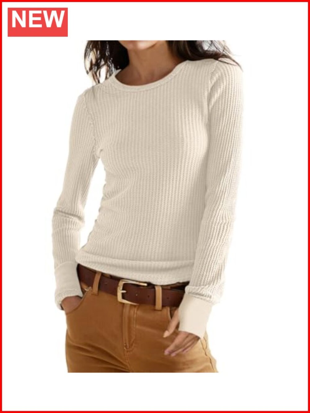 Womens Waffle Knit Long Sleeve Top Crew Neck Fitted Thumbhole Pullover